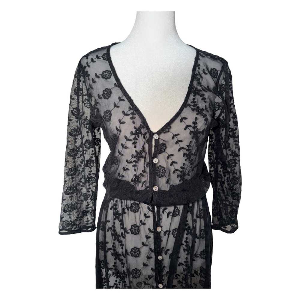 Whimsigoth Fairy Grunge Black Floral Embroidered Sheer Mesh Maxi Dress Womens S - Picture 2 of 9